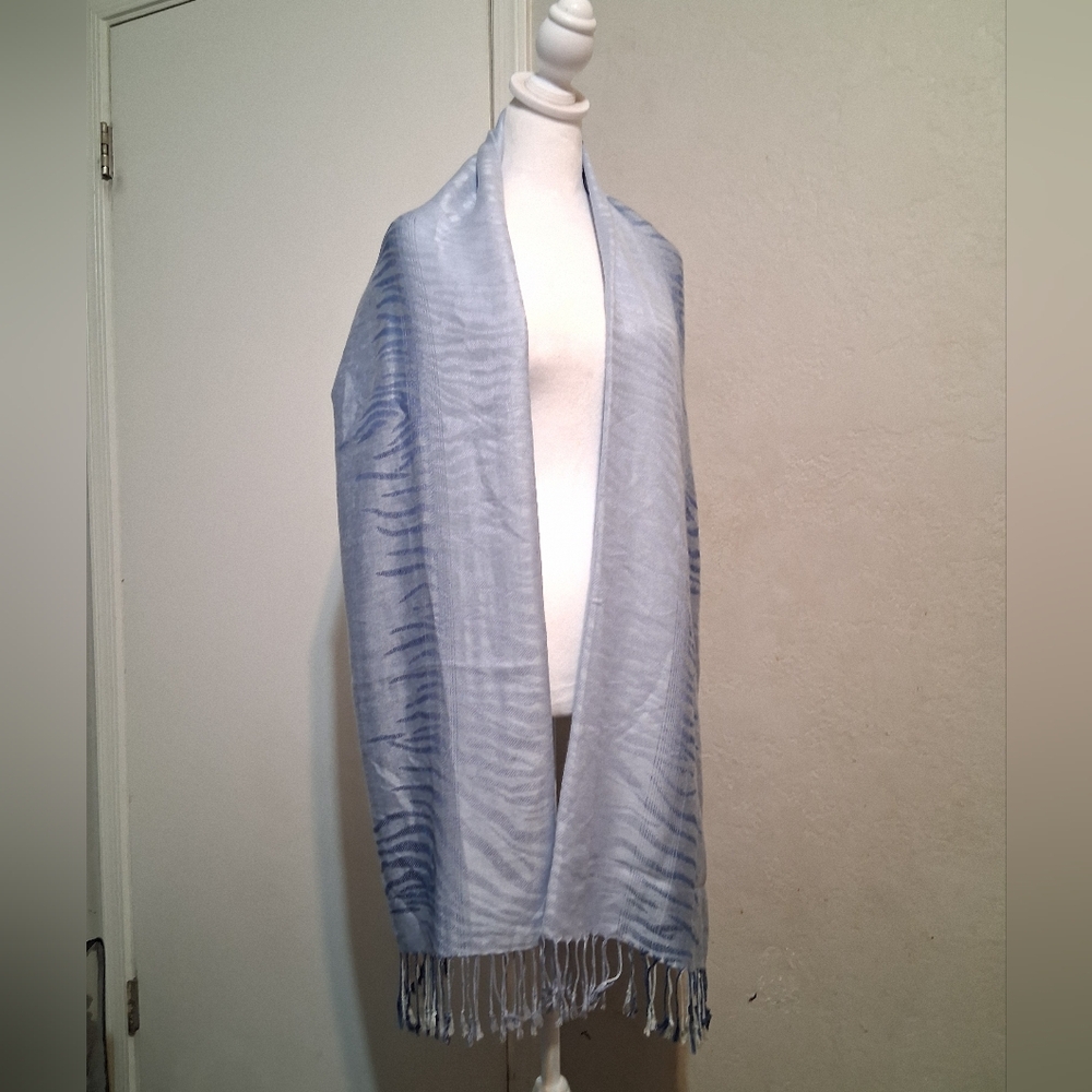 Pashmina Scarf Silk-Cashmere Blend Blue 74"X27" Fringed Scarf Cozy
